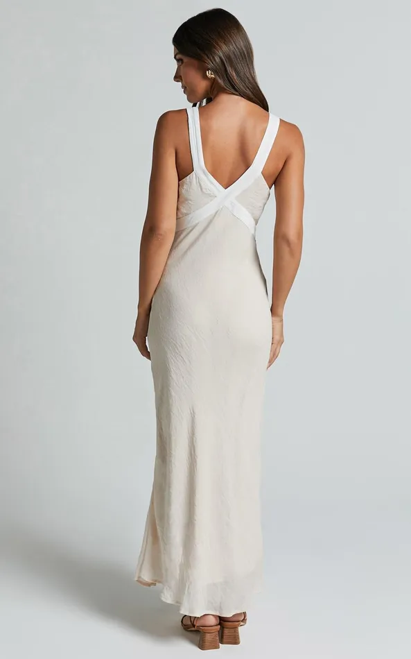 Showpo Chakyra Midi Dress 8211 Contrast Strap Bias Cut Column Dress In Beige With White Contrast Women Dresses