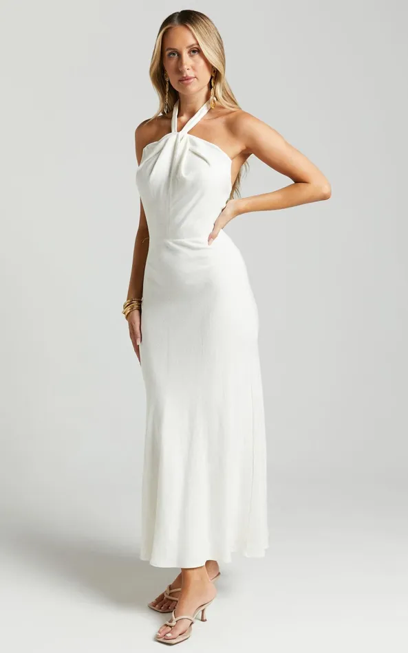 Showpo Chanah Maxi Dress 8211 Linen Look Twist Front Halter Neck Tie Dress In Off White Women Dresses