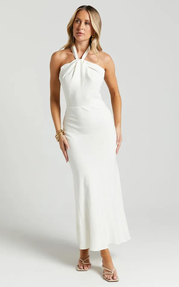 Showpo Chanah Maxi Dress 8211 Linen Look Twist Front Halter Neck Tie Dress In Off White Women Dresses