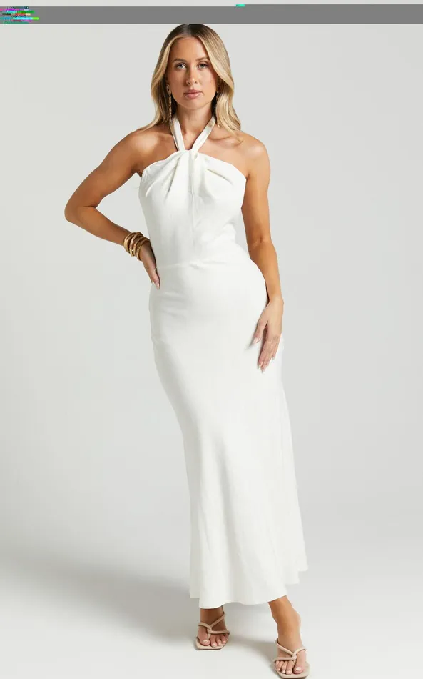 Showpo Chanah Maxi Dress 8211 Linen Look Twist Front Halter Neck Tie Dress In Off White Women Dresses