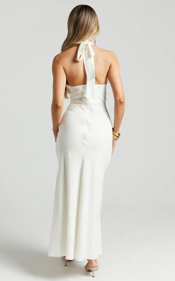 Showpo Chanah Maxi Dress 8211 Linen Look Twist Front Halter Neck Tie Dress In Off White Women Dresses