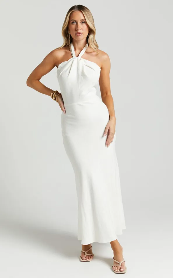 Showpo Chanah Maxi Dress 8211 Linen Look Twist Front Halter Neck Tie Dress In Off White Women Dresses