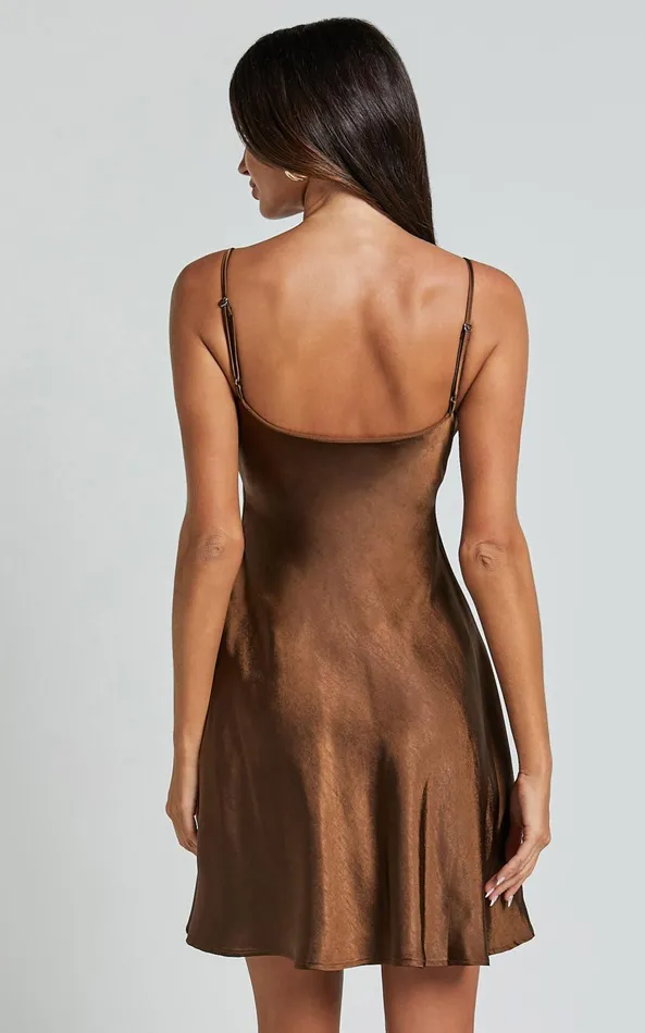 Showpo Chanaye Mini Dress 8211 Ruched Bust Satin Cami Dress In Chocolate Women Dresses