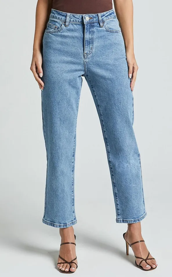 Showpo Chandler Jeans 8211 High Waisted Crop Straight Jeans In Mid Blue Wash Women Denim