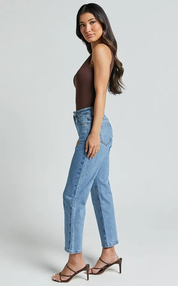 Showpo Chandler Jeans 8211 High Waisted Crop Straight Jeans In Mid Blue Wash Women Denim