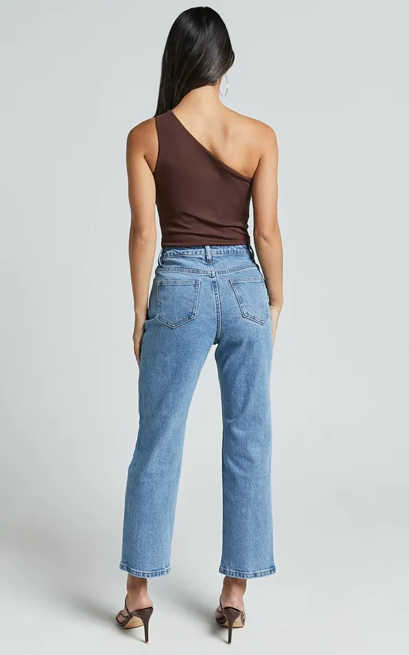 Showpo Chandler Jeans 8211 High Waisted Crop Straight Jeans In Mid Blue Wash Women Denim