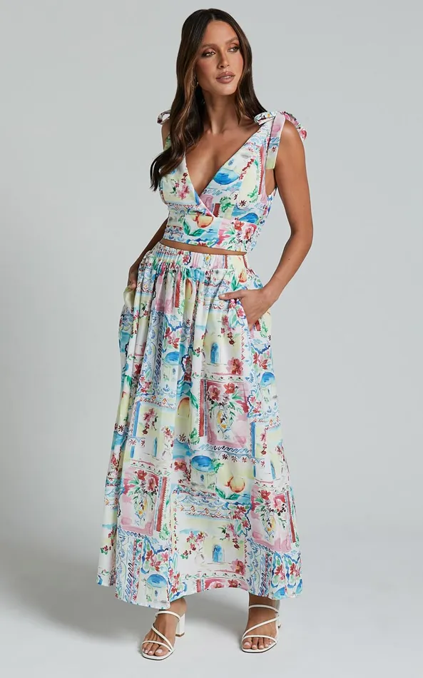 Showpo Chandra Two Piece Set 8211 Bralette Shoulder Tie Top And Elasticated Waistband Midi Skirt In Vacay Print Women Two Piece Sets and Coords Showpo Chandra Two Piece Set 8211 Bralette Shoulder Tie Top And Elasticated Waistband Midi Skirt In Vacay Print Women Two Piece Sets and Coords