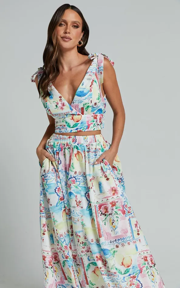 Showpo Chandra Two Piece Set 8211 Bralette Shoulder Tie Top And Elasticated Waistband Midi Skirt In Vacay Print Women Two Piece Sets and Coords