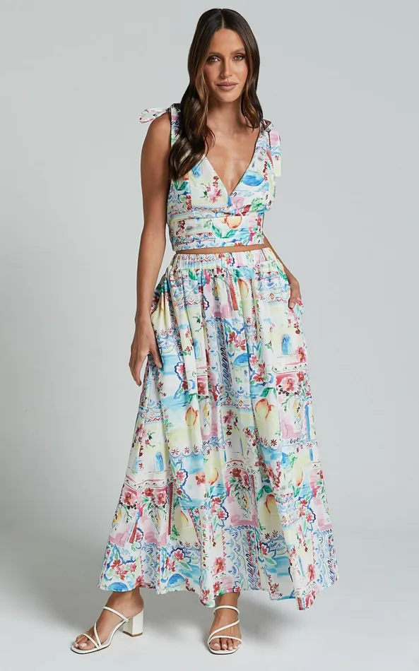 Showpo Chandra Two Piece Set 8211 Bralette Shoulder Tie Top And Elasticated Waistband Midi Skirt In Vacay Print Women Two Piece Sets and Coords