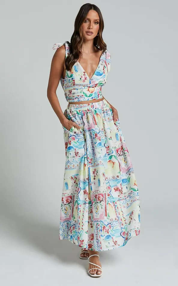 Showpo Chandra Two Piece Set 8211 Bralette Shoulder Tie Top And Elasticated Waistband Midi Skirt In Vacay Print Women Two Piece Sets and Coords