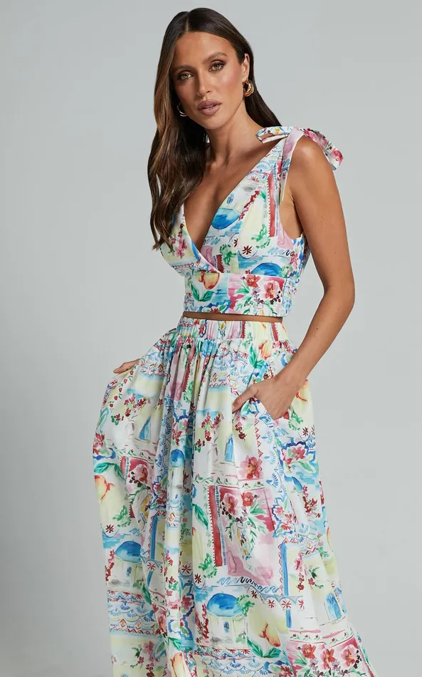 Showpo Chandra Two Piece Set 8211 Bralette Shoulder Tie Top And Elasticated Waistband Midi Skirt In Vacay Print Women Two Piece Sets and Coords