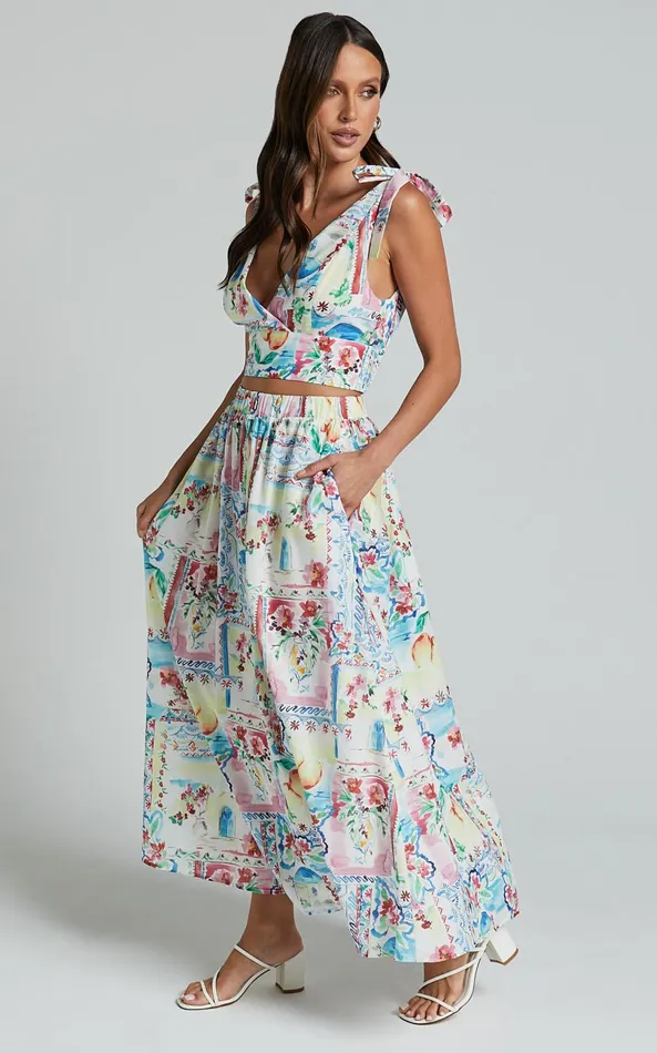 Showpo Chandra Two Piece Set 8211 Bralette Shoulder Tie Top And Elasticated Waistband Midi Skirt In Vacay Print Women Two Piece Sets and Coords