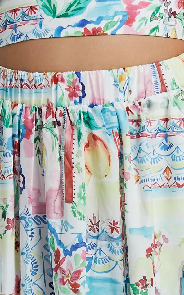 Showpo Chandra Two Piece Set 8211 Bralette Shoulder Tie Top And Elasticated Waistband Midi Skirt In Vacay Print Women Two Piece Sets and Coords