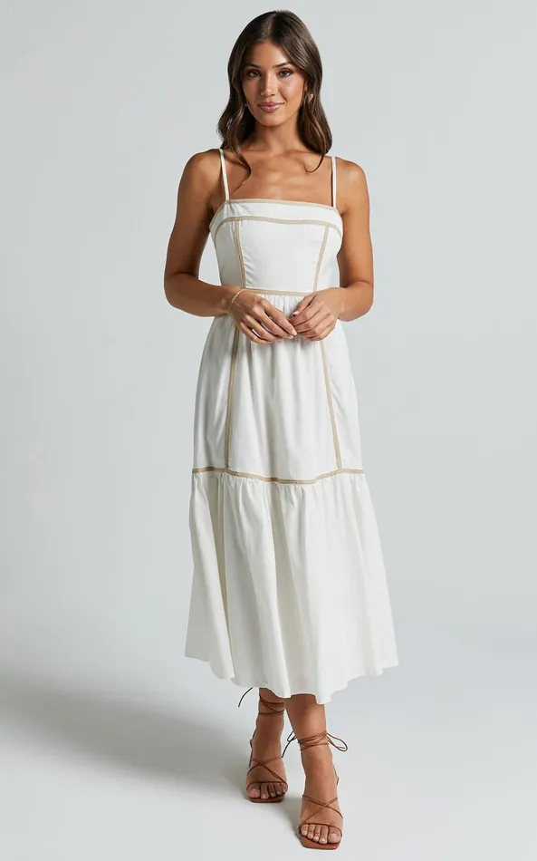 Showpo Chanika Midi Dress 8211 Straight Neck Sleeveless Tiered Dress In White With Beige Contrast Women Dresses Showpo Chanika Midi Dress 8211 Straight Neck Sleeveless Tiered Dress In White With Beige Contrast Women Dresses