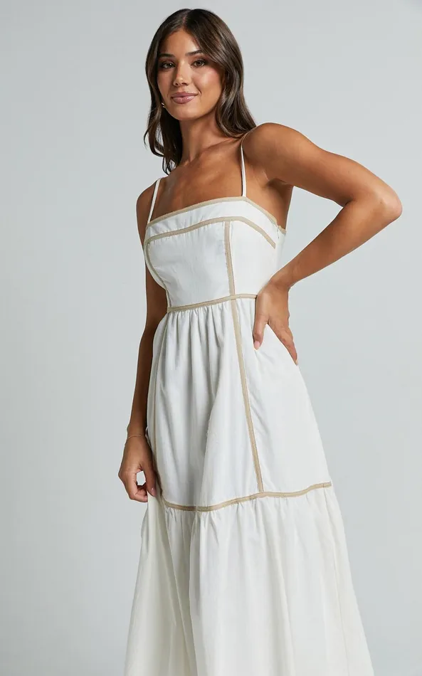 Showpo Chanika Midi Dress 8211 Straight Neck Sleeveless Tiered Dress In White With Beige Contrast Women Dresses