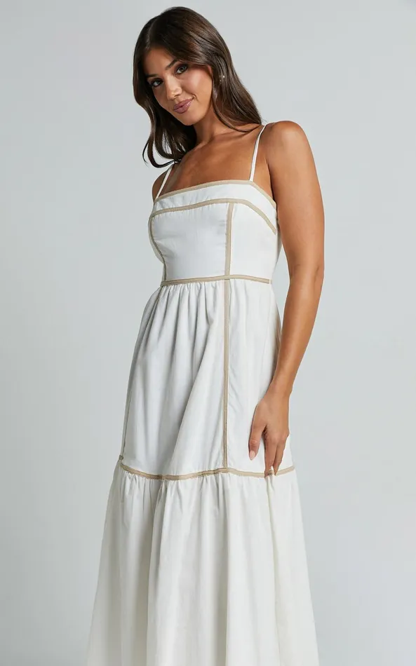 Showpo Chanika Midi Dress 8211 Straight Neck Sleeveless Tiered Dress In White With Beige Contrast Women Dresses
