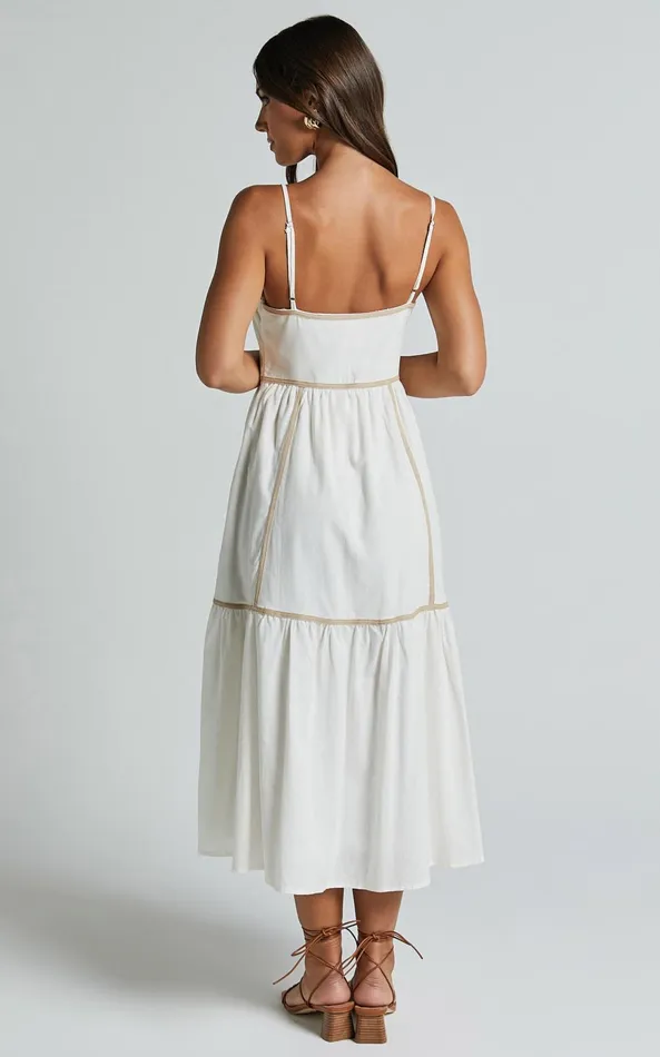 Showpo Chanika Midi Dress 8211 Straight Neck Sleeveless Tiered Dress In White With Beige Contrast Women Dresses