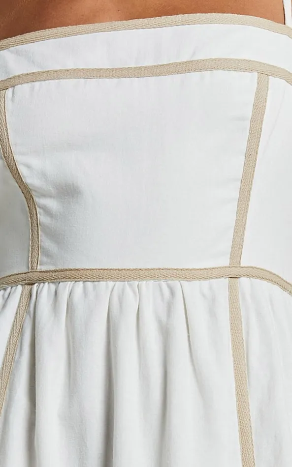 Showpo Chanika Midi Dress 8211 Straight Neck Sleeveless Tiered Dress In White With Beige Contrast Women Dresses