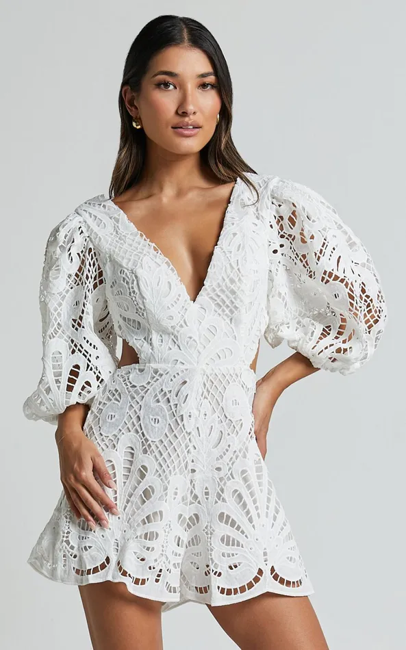 Showpo Channing Playsuit 8211 Lace Short Puff Sleeve Playsuit In White Women Rompers Showpo Channing Playsuit 8211 Lace Short Puff Sleeve Playsuit In White Women Rompers
