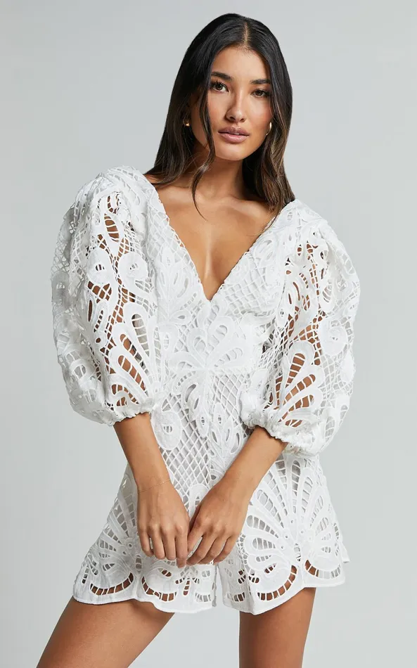 Showpo Channing Playsuit 8211 Lace Short Puff Sleeve Playsuit In White Women Rompers