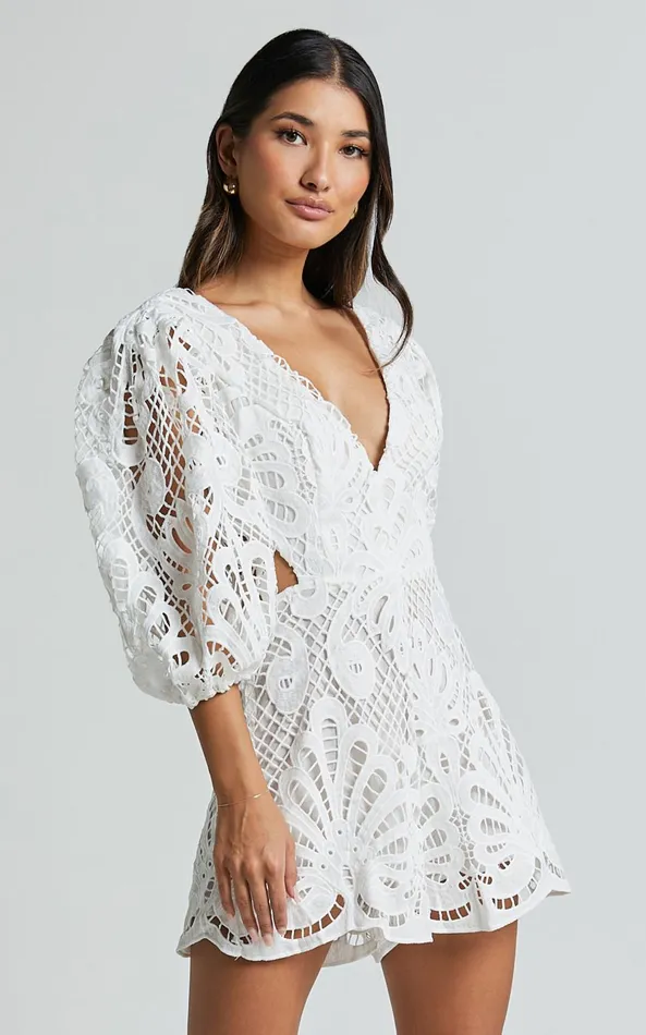 Showpo Channing Playsuit 8211 Lace Short Puff Sleeve Playsuit In White Women Rompers
