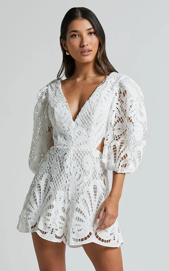 Showpo Channing Playsuit 8211 Lace Short Puff Sleeve Playsuit In White Women Rompers