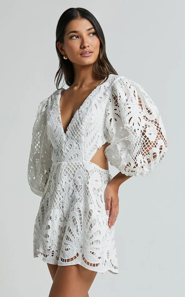 Showpo Channing Playsuit 8211 Lace Short Puff Sleeve Playsuit In White Women Rompers