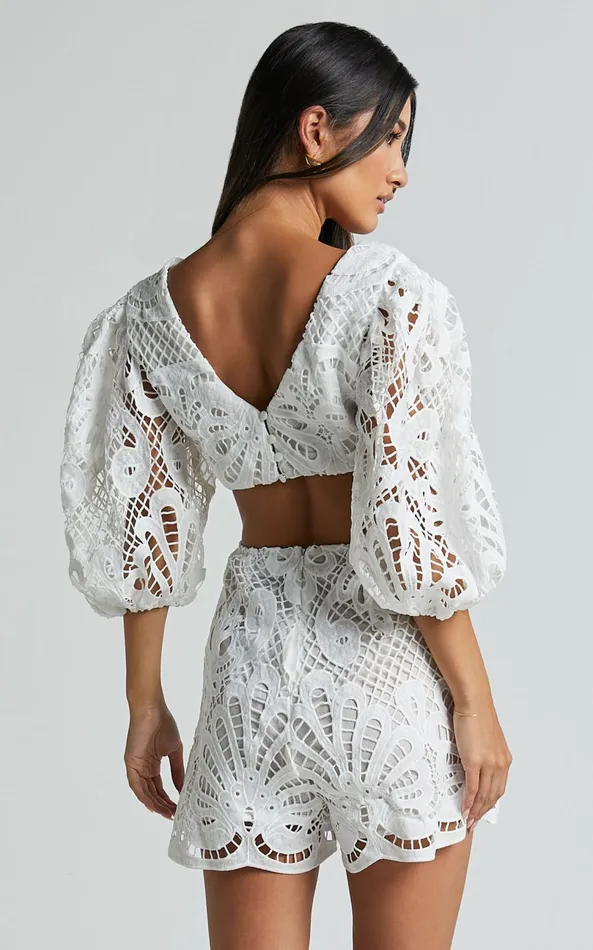 Showpo Channing Playsuit 8211 Lace Short Puff Sleeve Playsuit In White Women Rompers
