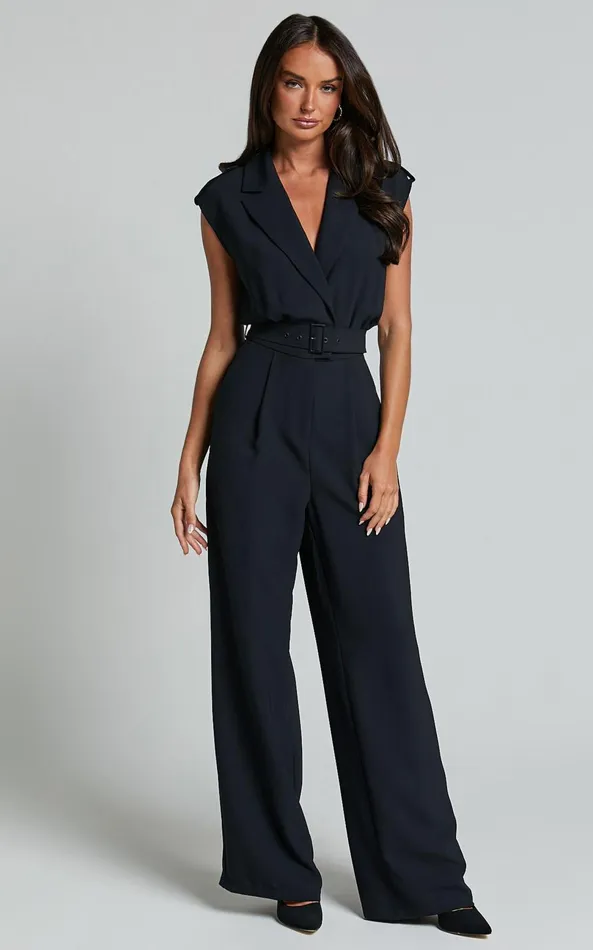 Showpo Chante Jumpsuit 8211 V Neck Belted Wide Leg Jumpsuit In Black Women Jumpsuits