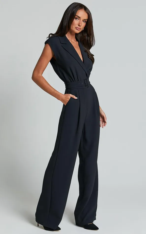 Showpo Chante Jumpsuit 8211 V Neck Belted Wide Leg Jumpsuit In Black Women Jumpsuits