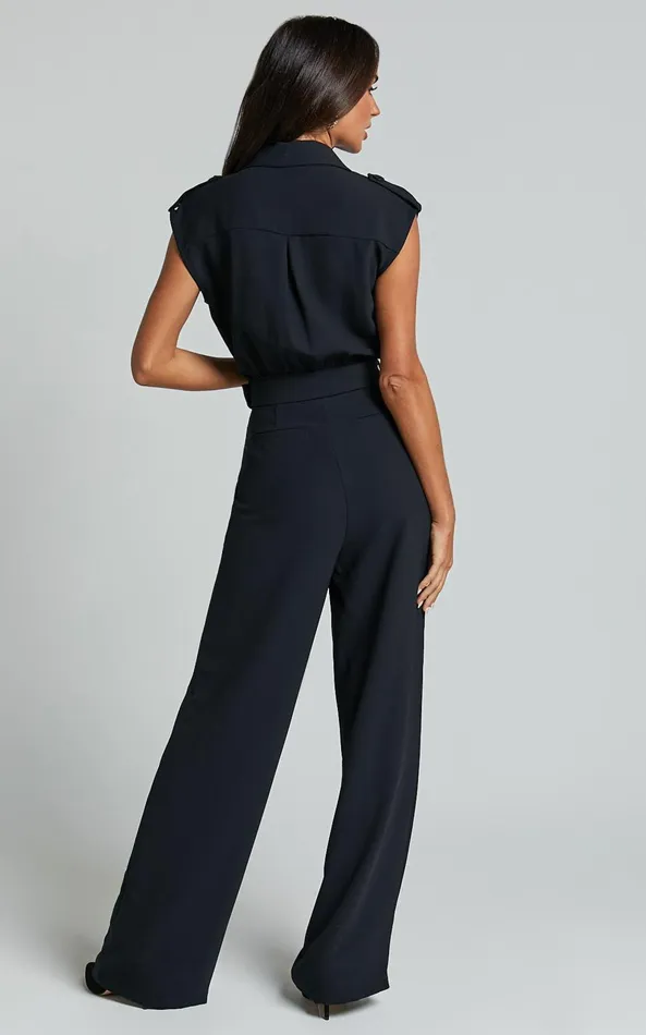 Showpo Chante Jumpsuit 8211 V Neck Belted Wide Leg Jumpsuit In Black Women Jumpsuits
