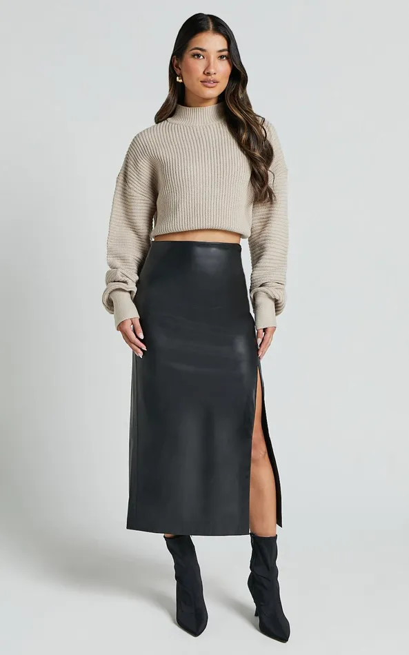 Showpo Chantel Midi Skirt 8211 High Waist Ruched Faux Leather Skirt In Black Women Skirts Showpo Chantel Midi Skirt 8211 High Waist Ruched Faux Leather Skirt In Black Women Skirts
