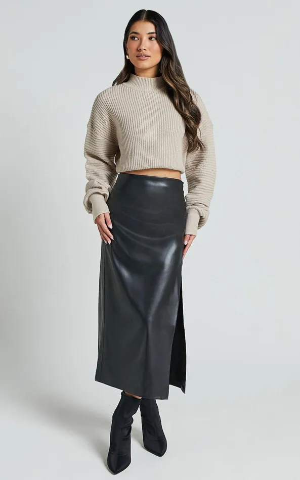 Showpo Chantel Midi Skirt 8211 High Waist Ruched Faux Leather Skirt In Black Women Skirts