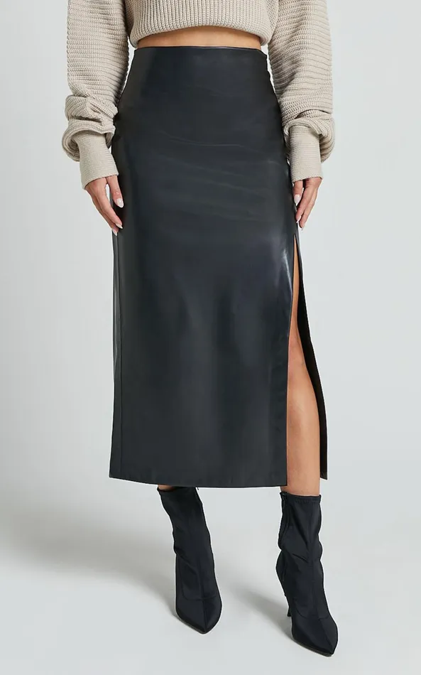 Showpo Chantel Midi Skirt 8211 High Waist Ruched Faux Leather Skirt In Black Women Skirts