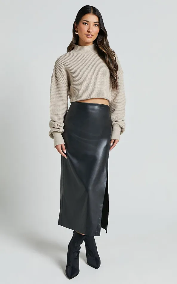 Showpo Chantel Midi Skirt 8211 High Waist Ruched Faux Leather Skirt In Black Women Skirts