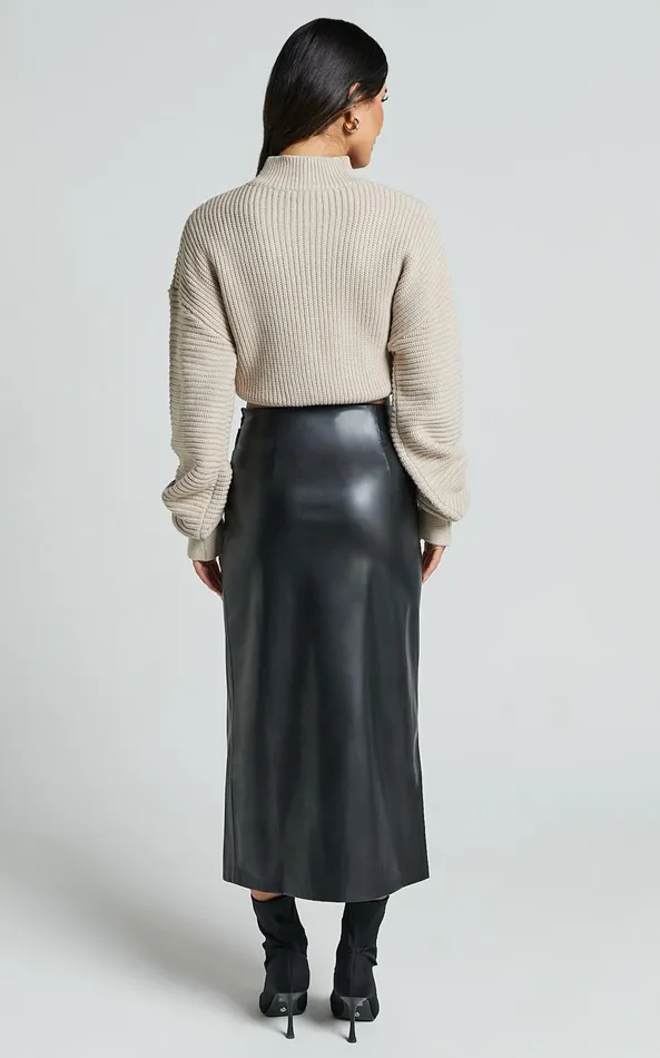 Showpo Chantel Midi Skirt 8211 High Waist Ruched Faux Leather Skirt In Black Women Skirts