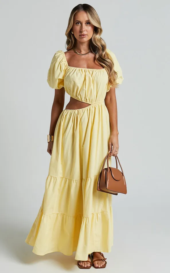 Showpo Chantrell Midi Dress 8211 Puff Sleeve Dress In Lemon Women Dresses