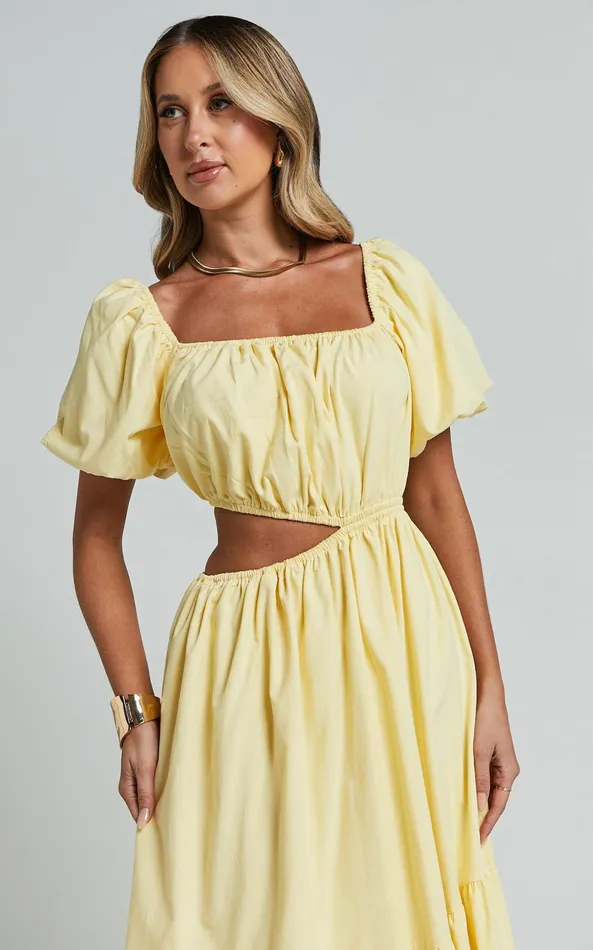 Showpo Chantrell Midi Dress 8211 Puff Sleeve Dress In Lemon Women Dresses