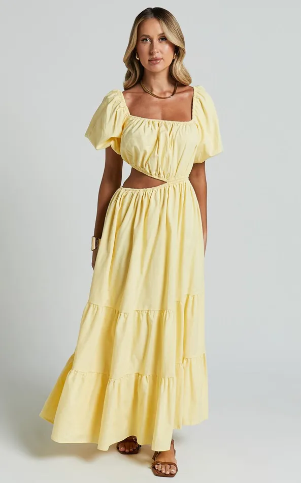 Showpo Chantrell Midi Dress 8211 Puff Sleeve Dress In Lemon Women Dresses