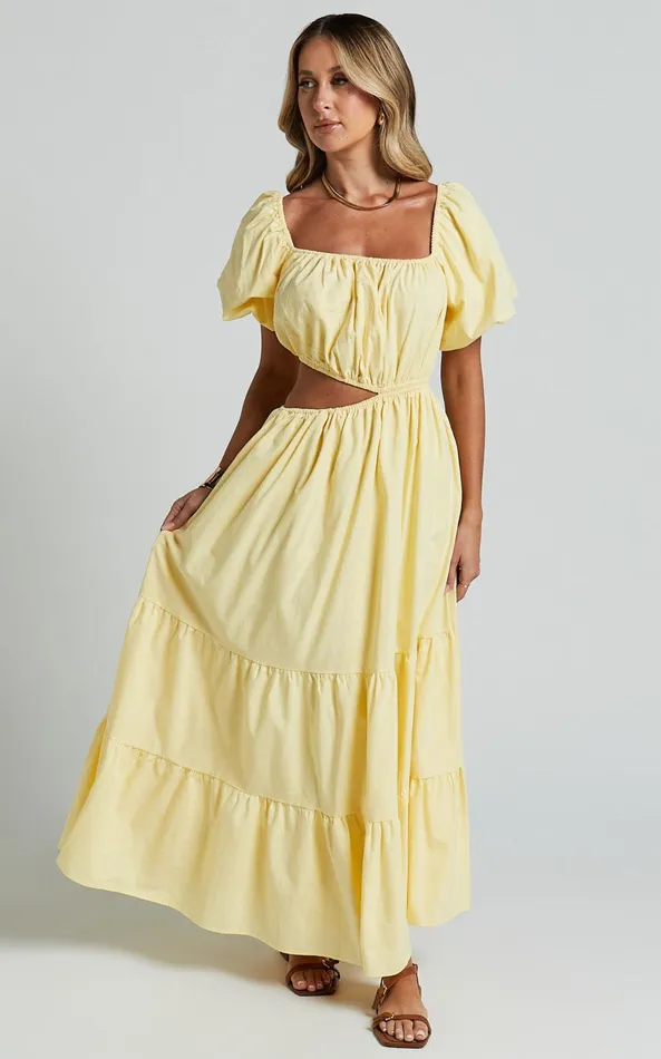 Showpo Chantrell Midi Dress 8211 Puff Sleeve Dress In Lemon Women Dresses