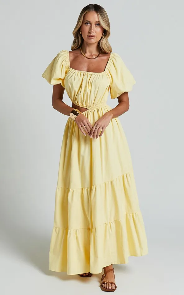 Showpo Chantrell Midi Dress 8211 Puff Sleeve Dress In Lemon Women Dresses