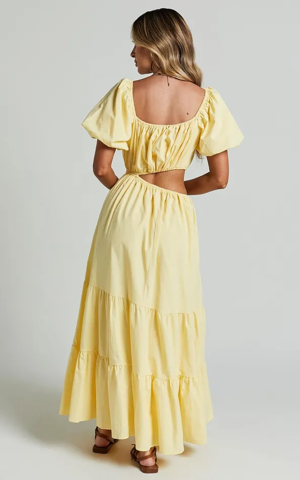 Showpo Chantrell Midi Dress 8211 Puff Sleeve Dress In Lemon Women Dresses