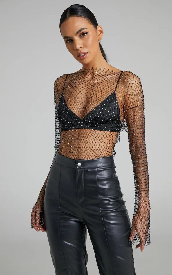 Showpo Charess Top 8211 Diamante Mesh Long Sleeve Top In Black Women Tops