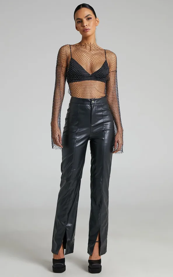 Showpo Charess Top 8211 Diamante Mesh Long Sleeve Top In Black Women Tops