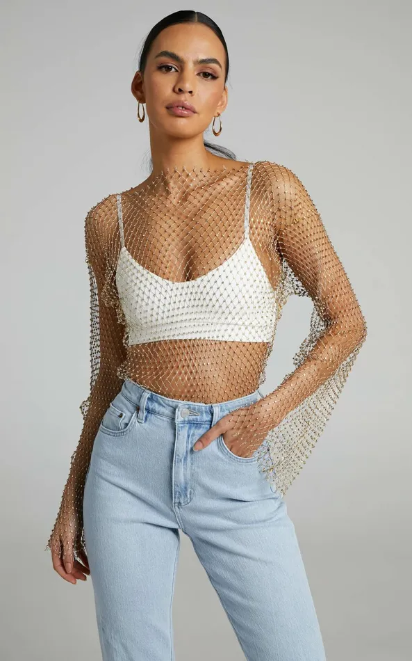 Showpo Charess Top 8211 Diamante Mesh Long Sleeve Top In Gold Women Tops