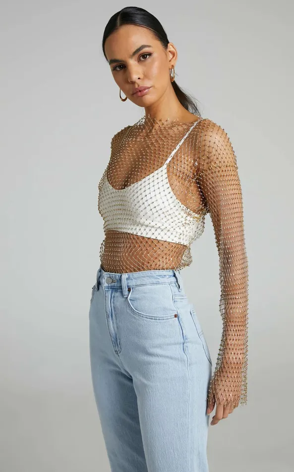 Showpo Charess Top 8211 Diamante Mesh Long Sleeve Top In Gold Women Tops