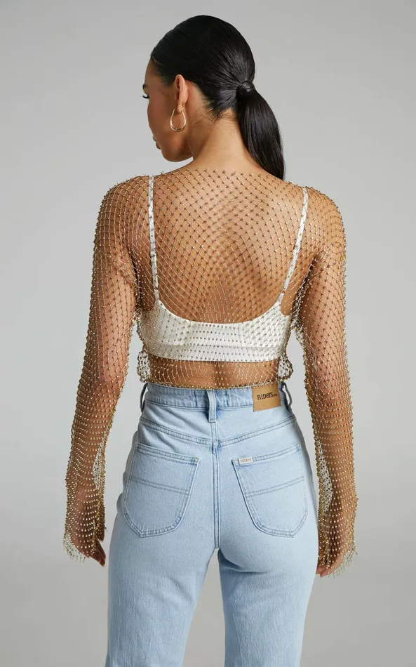 Showpo Charess Top 8211 Diamante Mesh Long Sleeve Top In Gold Women Tops