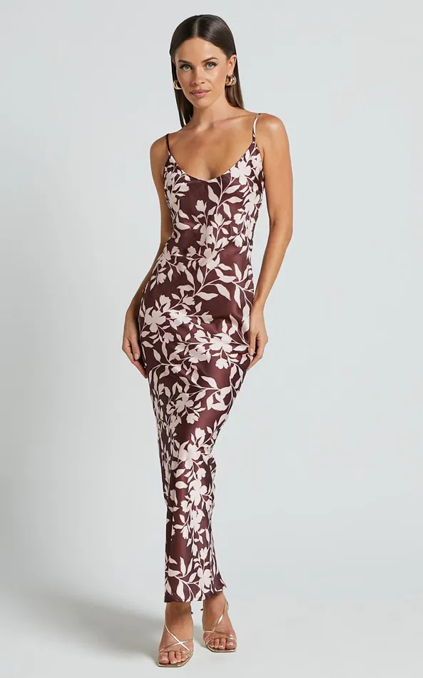 Showpo Charesse Maxi Dress 8211 Satin Bias Cut Scoop Neck Low Back Slip Dress In Choc Floral Women Dresses