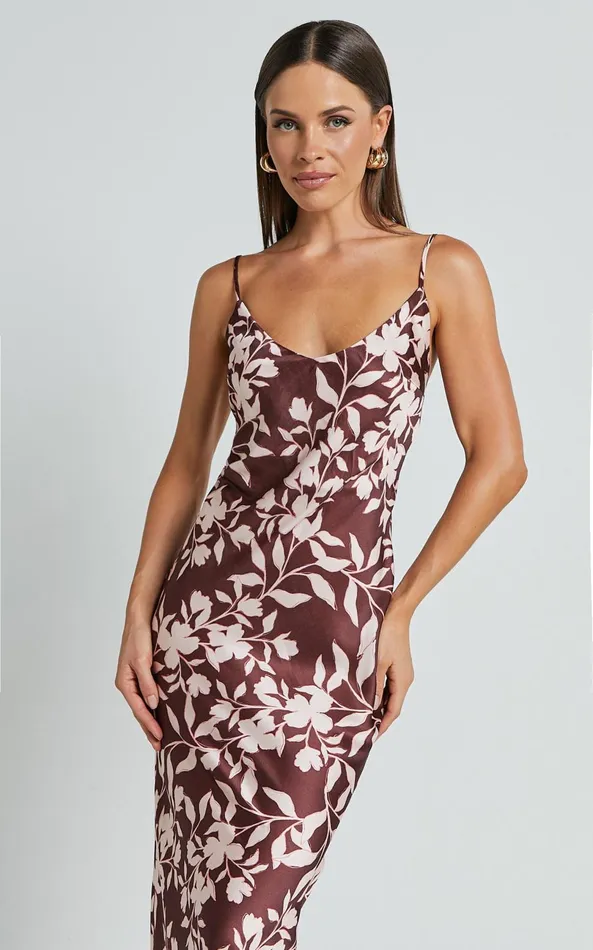 Showpo Charesse Maxi Dress 8211 Satin Bias Cut Scoop Neck Low Back Slip Dress In Choc Floral Women Dresses