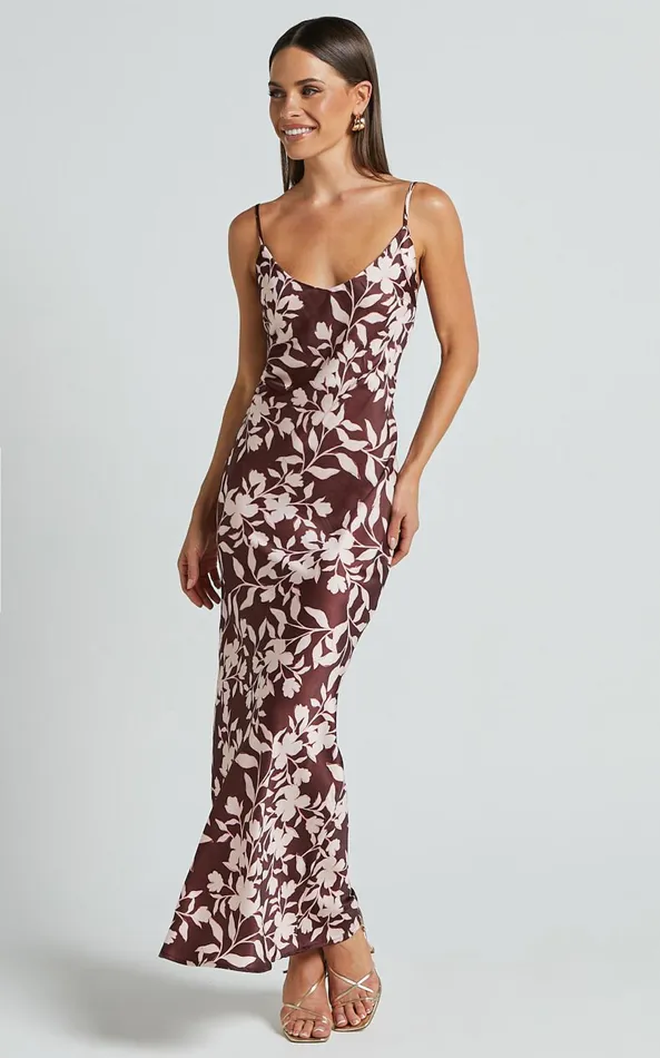 Showpo Charesse Maxi Dress 8211 Satin Bias Cut Scoop Neck Low Back Slip Dress In Choc Floral Women Dresses